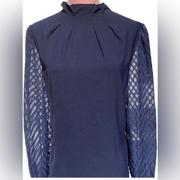 SHEIN NEW FRENCHY FRILLED NECK FLOUNCE SLEEVE BLOUSE TOP NAVY BLUE LARGE - Picture 4 of 7